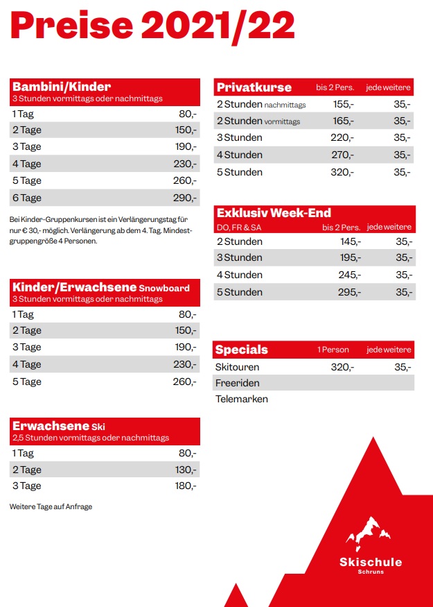 Preise Skischule Schruns 2021/2022